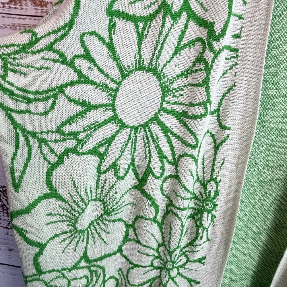 Spring Floral Cardigan XL Open Long White Green Pockets Soft Flowy Sunflowers